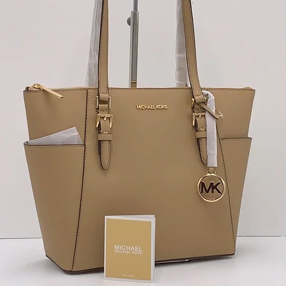 MICHAEL KORSJet Set Lg Crossgrain Leather Top-Zip Charlotte Tote ShoulderCamel